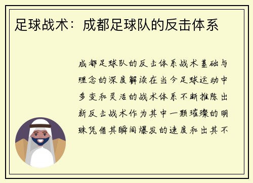 足球战术：成都足球队的反击体系