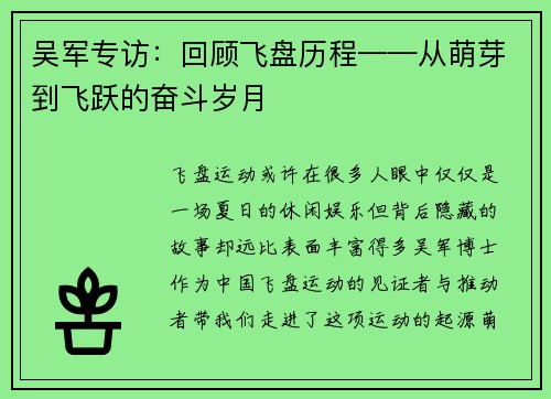 吴军专访：回顾飞盘历程——从萌芽到飞跃的奋斗岁月