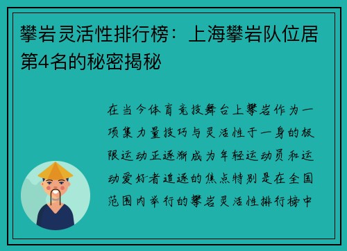 攀岩灵活性排行榜：上海攀岩队位居第4名的秘密揭秘