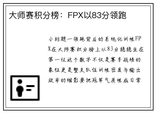 大师赛积分榜：FPX以83分领跑