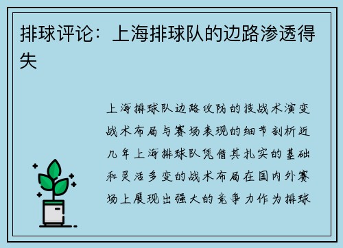 排球评论：上海排球队的边路渗透得失